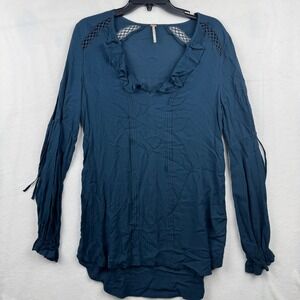 Free People Tunic Top XS Teal Blue Long Sleeve Ruffle Bohemian Blouse‎ Boho Chic